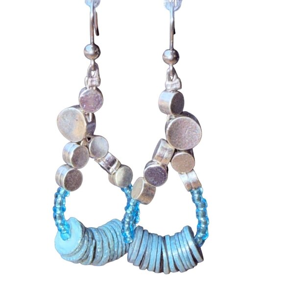 Vintage 1990s Chico’s Silver Teardrop Blue Beaded Dangle Earrings Mixed Metal - Picture 4 of 9
